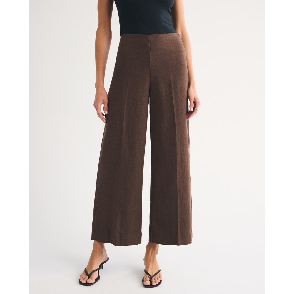 Abercrombie & Fitch 100% Linen High Rise Cropped Wide Leg Pant Brown Womens 31